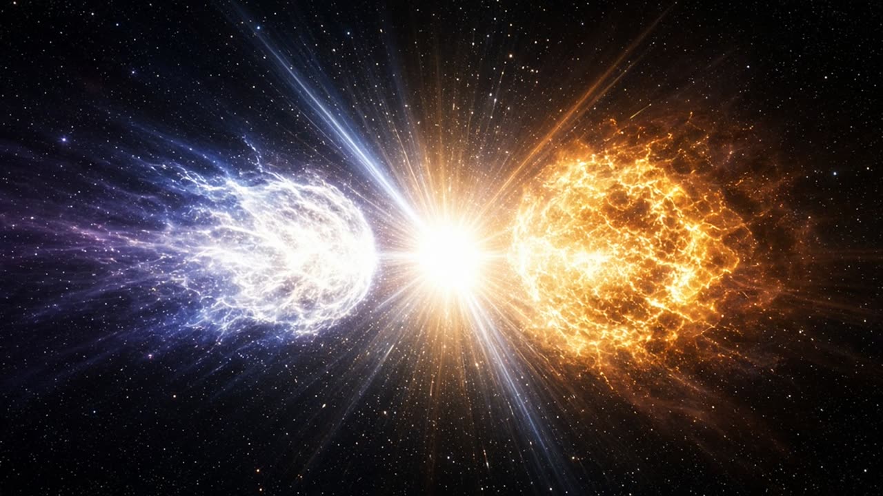 Two masses colliding in deep space, one blue and one orange, a white flash between them